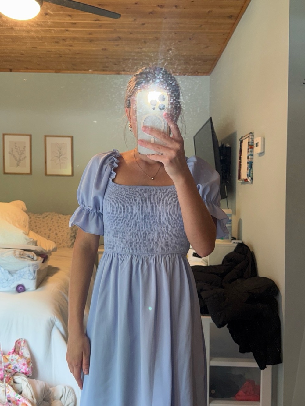 Lavender Puff Sleeve Smocked Midi Dress